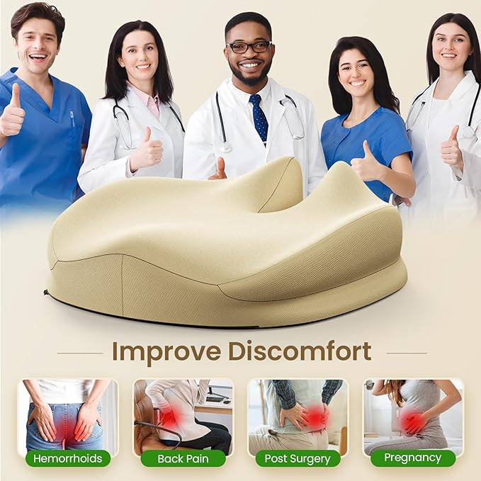 Benazcap Large Seat Cushion for Office Chair Memory Foam Coccyx Pain Relief Cushion Pillow for Back Support Non-Slip Seat Pad for Office Desk, Car Seat, Wheelchair, Sciatica-Beige-DeskLoop Office