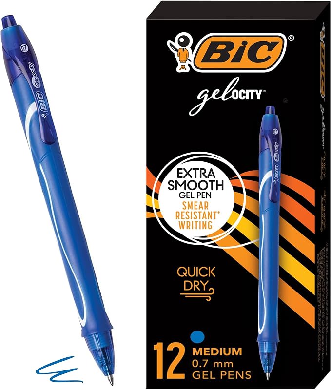 BIC Gelocity Quick Dry Blue Gel Pens, Medium Point, 12-Count Pack, Retractable by BIC