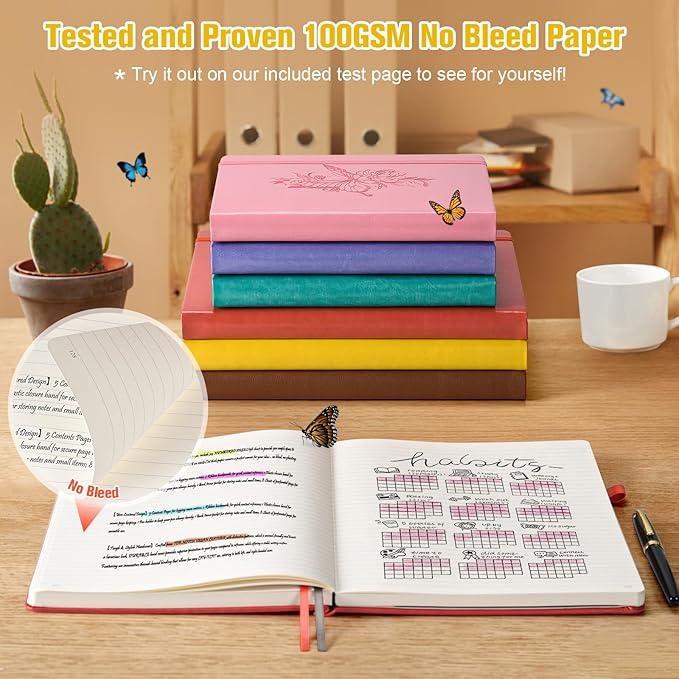 Lined Notebook Journal for Women, 312 Numbered Pages A5 Thick Leather Journal, 100gsm Paper Daily Journal for Work Travel, Hardcover College Ruled Notebook, Giftable Butterfly Floral Notebook, Yellow-DeskLoop Office