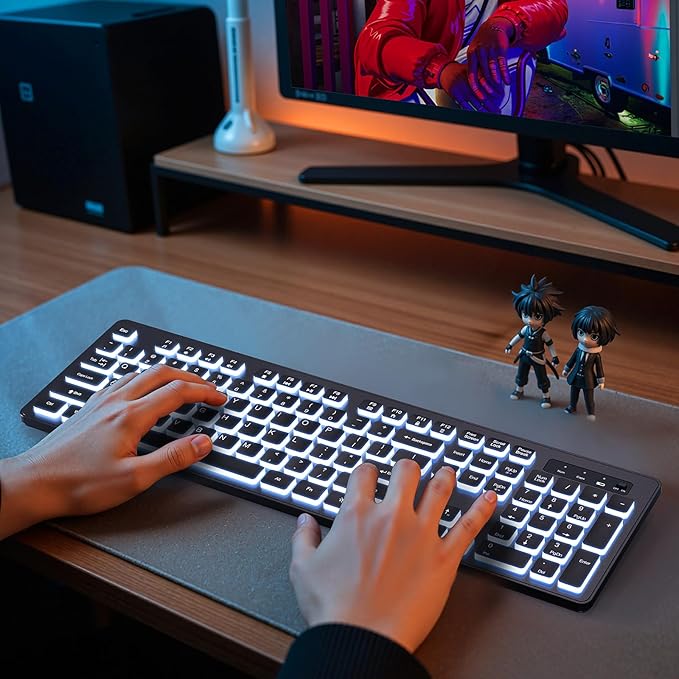 Backlit Wireless Keyboard, 2.4G Silent Wireless Light Up Keyboard, Full Size Computer Keyboards with 7 Colored Backlits, Rechargeable Keyboards for Windows, PC, Laptop (Black, Normative)-DeskLoop Office