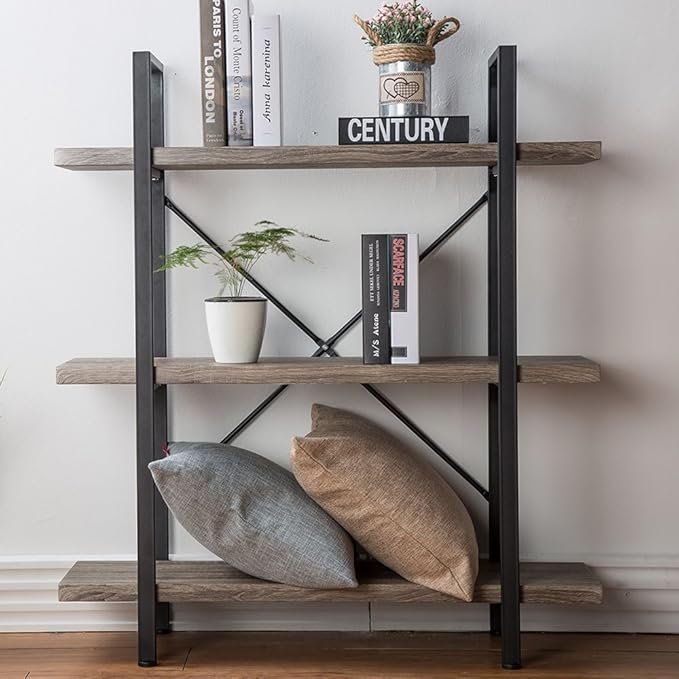 HSH 3-Shelf Bookcase, Rustic Gray 3 Tier Bookshelf, Vintage Industrial Wooden and Metal Display and Storage Bookshelves Tower for Home Office Livingroom Bedroom Light Grey Oak-DeskLoop Office