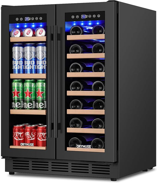 24" Dual Zone Wine & Beverage Refrigerator – Under Counter Cooler with Upgraded Cooling & Blue LED Light, Hold 20 Bottles and 88 Cans Large Capacity Wine Fridge, Built-In or Freestanding – Black-DeskLoop Office