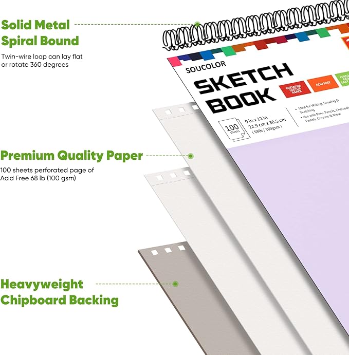Soucolor 9" x 12" Sketch Book - 2 Packs, 100-Sheets Each (68lb/100gsm) Drawing Pad for Girls and Women - Christmas, Birthday, Thank You Gifts and Stocking Stuffers-DeskLoop Office