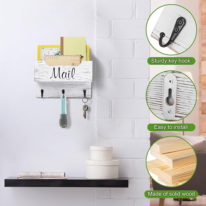 DRASTAR Small Mail Organizer Wall Mounted, Wooden Mail & Key Holder - Image 4