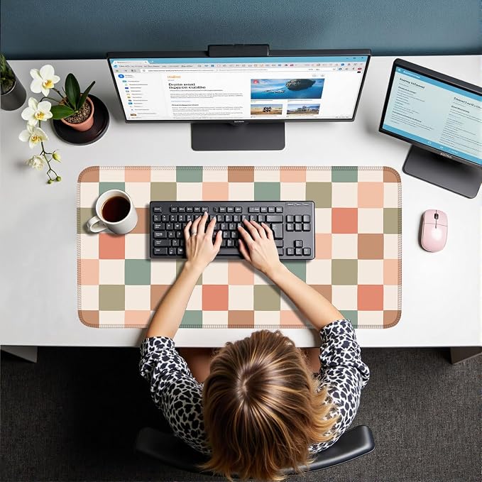Boho Checkered Desk Mat, Retro Beige Plaid Mouse Pad Xl-31.5x15.7in-Pastel Desk - Image 7
