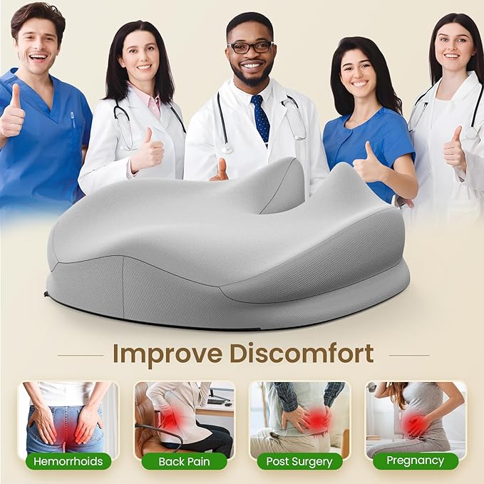 Benazcap Large Seat Cushion for Office Chair Memory Foam Coccyx Pain Relief Cushion Pillow for Back Support Non-Slip Seat Pad for Office Desk, Car Seat, Wheelchair, Sciatica-Grey-DeskLoop Office