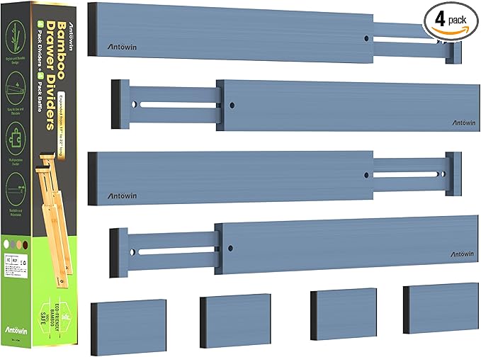 ANTOWIN Bamboo Drawer Dividers, Expandable Drawer Separators Splitter,17-22 inches Long Adjustable Spring-loaded Organizer for Large Utensil, Clothes, Tools Drawers (Blue)-DeskLoop Office