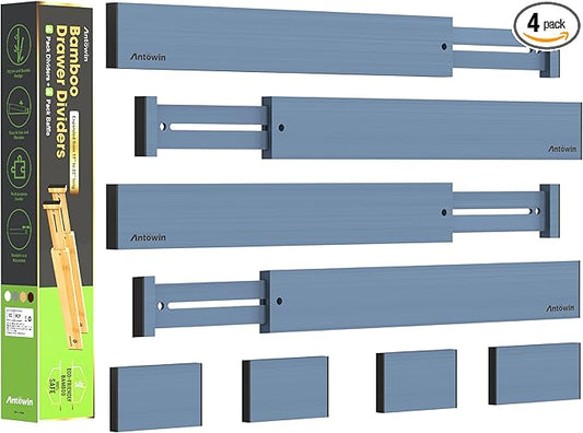 ANTOWIN Bamboo Drawer Dividers, Expandable Drawer Separators Splitter,17-22 inches Long Adjustable Spring-loaded Organizer for Large Utensil, Clothes, Tools Drawers (Blue)-DeskLoop Office