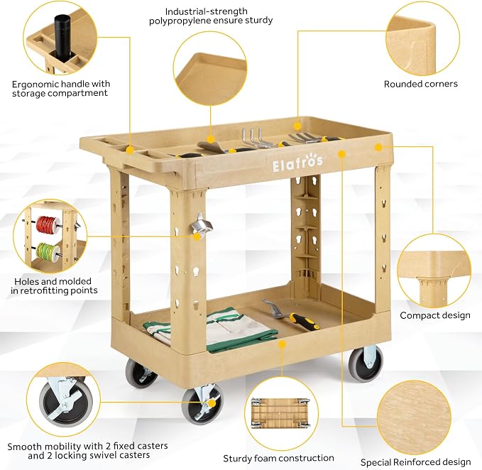 ELAFROS 2-Tier Heavy Duty Rolling Cart, 34 x 17 in, 2 Fixed 2 Swivel, Sand | - Image 4