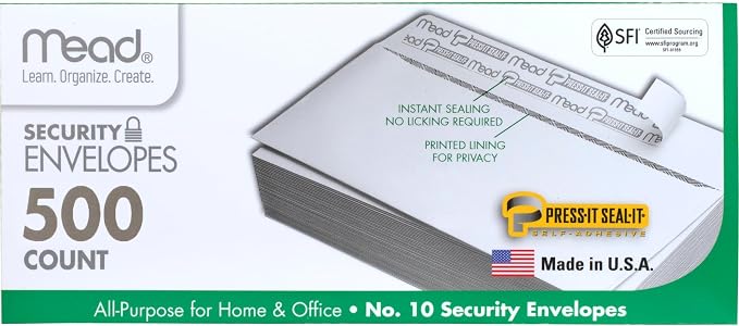 Mead #10 Security Business Envelopes Letter Size 4-1/8" x 9-1/2" – Peel and Seal by Mead