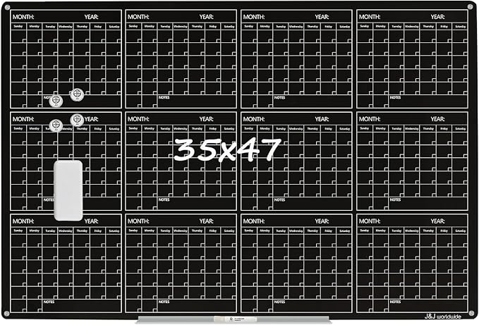 Magnetic Whiteboard Calendar Black Glass Board Yearly Calendar by JJworldwide