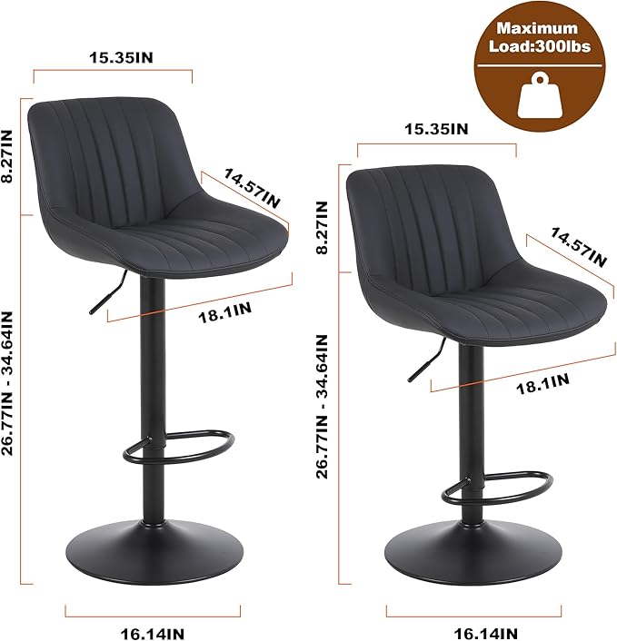 Bar Stools Set of 3, Swivel Counter Height Barstools with Back, Adjustable PU Leather Bar Chairs, Modern Armless Kitchen Island Stool, Black-DeskLoop Office