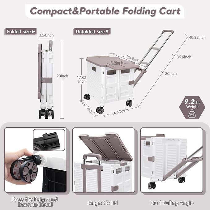 FELICON SELORSS Folding Utility Cart Portable Rolling Crate Handcart-White | - Image 6