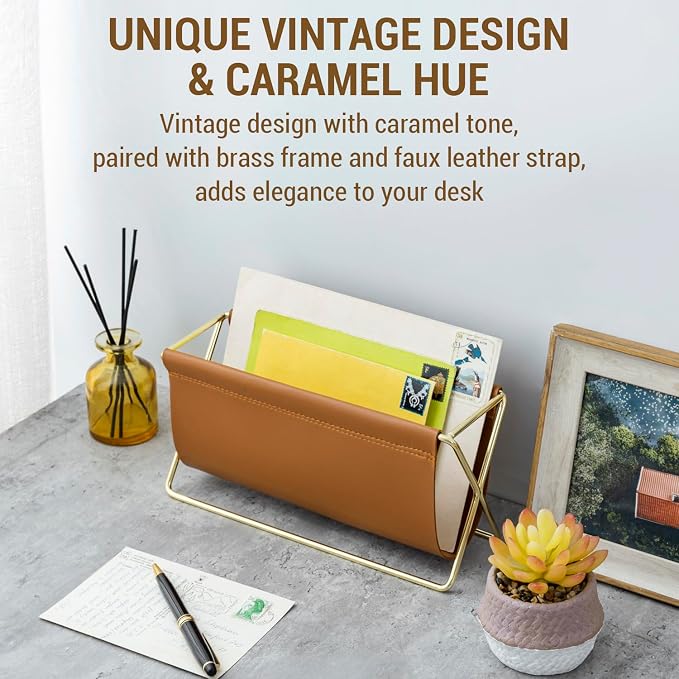 MyGift 10 Inch Mid Century Caramel Leatherette Mail Sorter Letter Holder Rack - Image 2