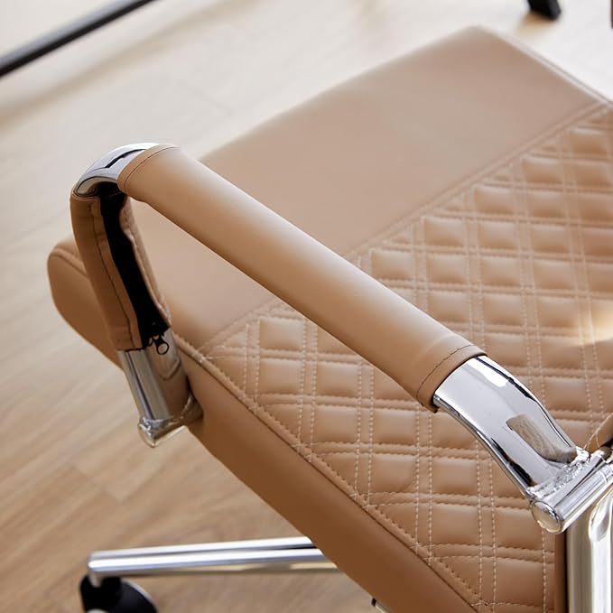 Livinia Modern Executive Office Chair with Patterned Back Design, Chrome & Leather Swivel Chair with High Back, Adjustable Height, Removable Armrests, and Wheels for Home Office (Brown(Chrome))-DeskLoop Office