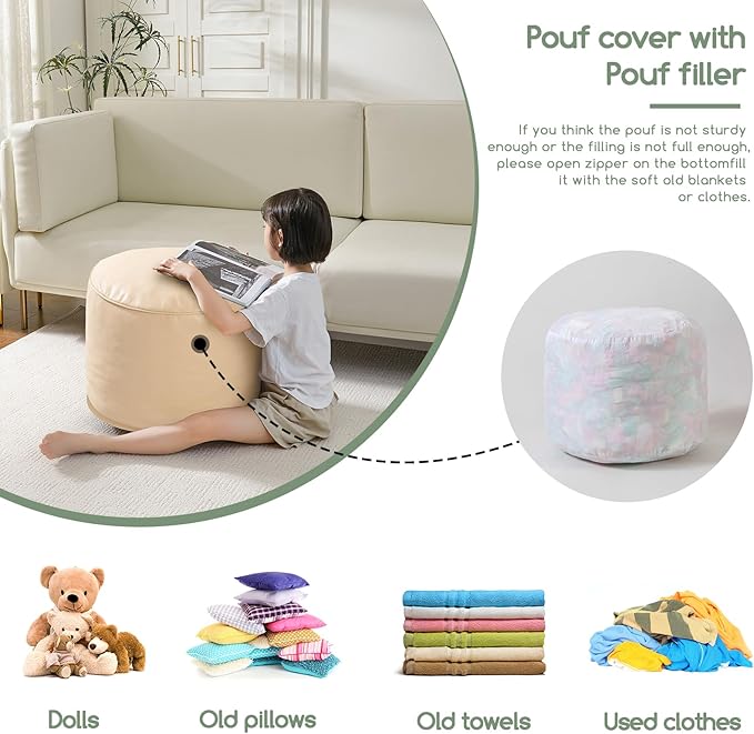 HIGOGOGO Round Stuffed Pouf Ottoman, Pu Leather Poufs - Image 6