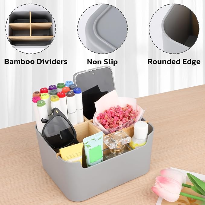 Segarty Gray Desk Storage Organizer, Detachable Divided Bamboo Remote Control - Image 4