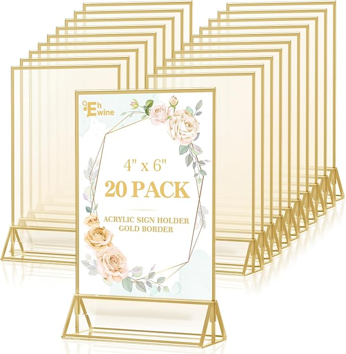 EHWINE 20 Pack Acrylic Sign Holder 4 x 6, Double Sided Gold Picture Frame Stand by EHWINE