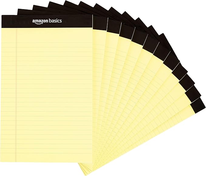Amazon Basics 50 sheet Narrow Ruled Lined Writing Note Pad, 5 inch x 8 inch, 12 Pack, Canary-DeskLoop Office
