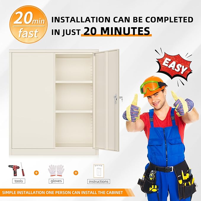 INTERGREAT Metal Cabinet with Lock, Lockable Metal Storage Cabinets with Doors and Shelves for Garage, Cream Grey Locking Garage Storage Cabinets 36"×32"×16"-DeskLoop Office