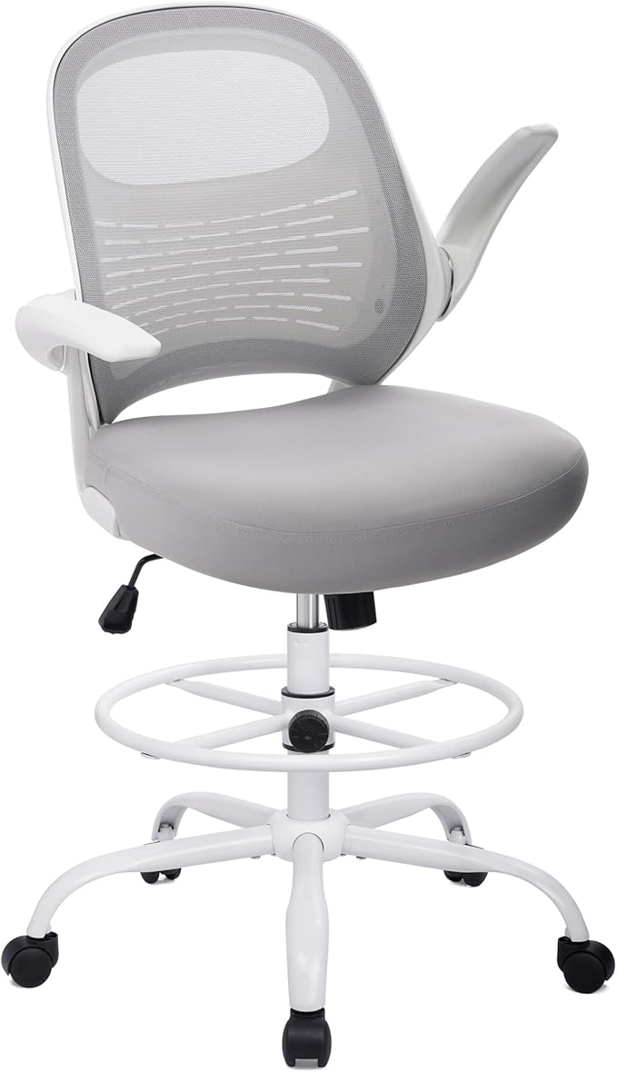 HYLONE Tall Drafting Chair Standing Desk Chair with Flip-Up Armrests, Adjustable Height Ergonomic Office Chair with Footrest Ring - High Stool Chair for Standing Desk (Light Grey)-DeskLoop Office