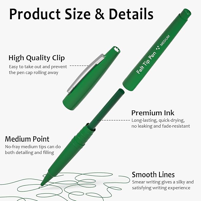 Lelix Felt Tip Pens, 30 Green Pack, 0.7mm Medium Point, Felt Tip Markers Pens for Journaling, Writing, Note Taking, Planner, Perfect for School Office and Art Supplies-DeskLoop Office