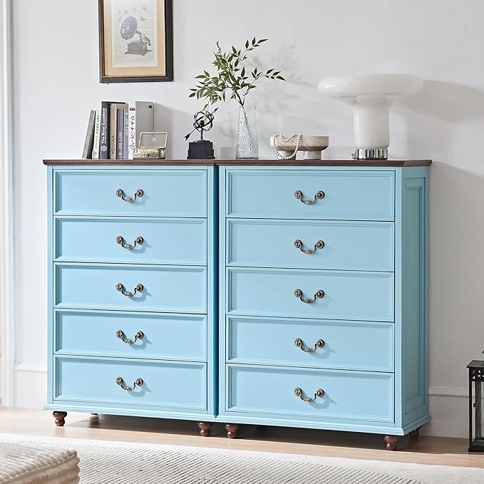 Farmhouse 5 Drawer Dresser for Bedroom, 45" Tall Rustic Chests of Drawers w/ 4 Solid Wood Feet, Mid Century Modern Wooden Closet Storage Dressers Organizer for Living Room, Hallway, Light Blue-DeskLoop Office