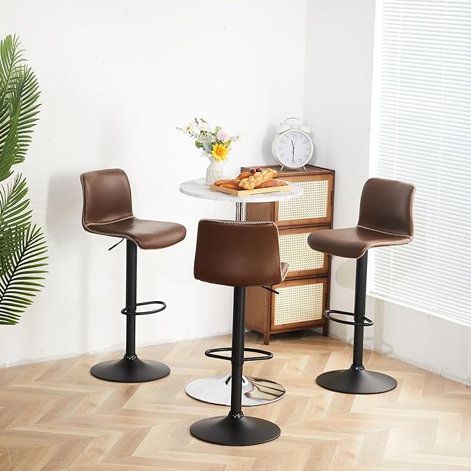 HeuGah Bar Stools Set of 3, Swivel Counter Height Barstools with Back, Adjustable Height 24" to 32", Brown Faux Leather Bar Chairs for Kitchen Island (Brown, Set of 3 (24'' to 32''))-DeskLoop Office