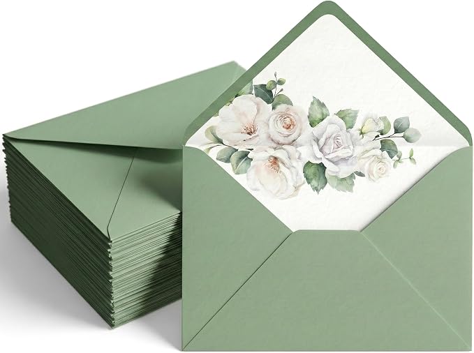 50 Pack 5 x 7 Inches Sage Green Envelopes Floral Pattern Invitation Envelopes by Partiazy
