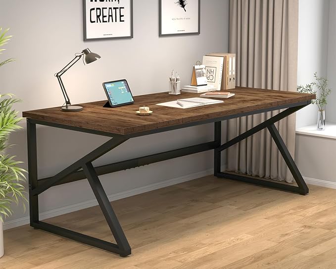 HSH Large Rustic Brown Computer Desk, 70 Inch Home Office Metal Wood Desk for 2 Person, Farmhouse Extra Long Writing Study Gaming Table, Bedroom Living Room PC Laptop Dual Monitor Desk-DeskLoop Office