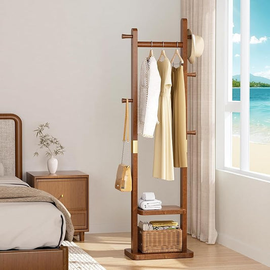 Solid Wood Coat Rack, Coat Rack Freestanding with 2 Shelves and 5 Hooks, Heavy Duty Coat Tree for Entryway，Living room，Coat Hanger Stand for Hats, Bags (Walnut Brown)-DeskLoop Office