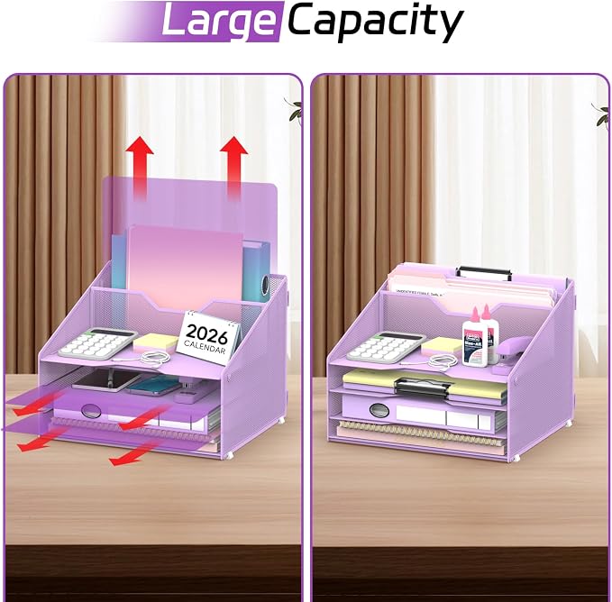 Desk File Organizer, 4 Letter Trays and 2 Upright Sections, school and - Image 6