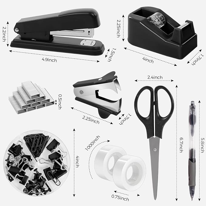SKYDUE Black Office Supplies Set, Tape Dispenser, Binder/Paper Clips and - Image 7