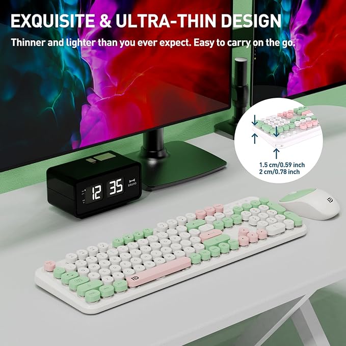Keyboard and Mouse Wireless,2.4Ghz Retro Typewriter Style Round Keycap,Full Size Wireless Keyboard Mouse Combo,Cute Cordless Keyboard Mouse Set for PC Laptop Desktop Computer-Milk White Green Colorful-DeskLoop Office
