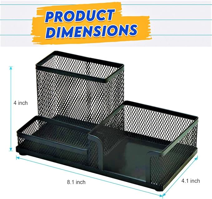 2 Pack 3 in 1 Mesh Pen Holder for Desk, 3 Compartments Pencil Holder Desk - Image 2