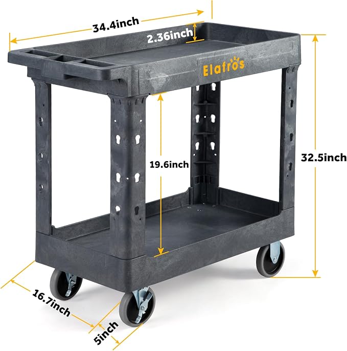 ELAFROS 2-Tier Heavy Duty Rolling Cart, 34 x 17 in, 2 Fixed 2 Swivel, Deep Tub - Image 2
