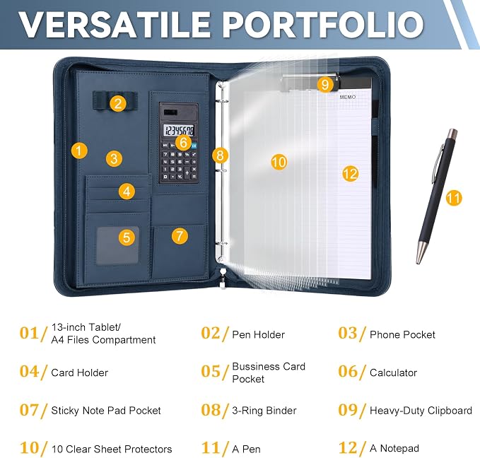 Leathario Portfolio Binder, Includes 5 Sheet Protectors and a Pen, 13 Inch - Image 4