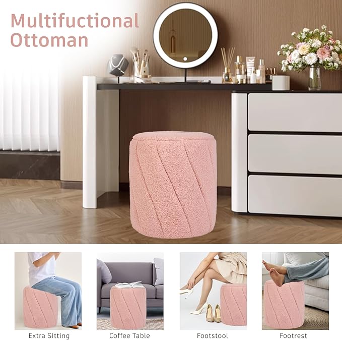 Modern Round Ottoman, Spiral-Tufted Foot Stool Ottoman, Teddy Fleece Upholstered Vanity Stool for Makeup, Bedroom, Living Room, Pink-DeskLoop Office