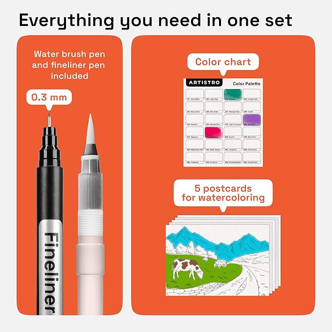 ARTISTRO 24 Watercolor Markers with Flexible Paint Brush Pens for Pros & Beginners - Consistent, Smooth, Bright, Washable, Non-Toxic, Ideal for Coloring, Calligraphy, & Manga-DeskLoop Office