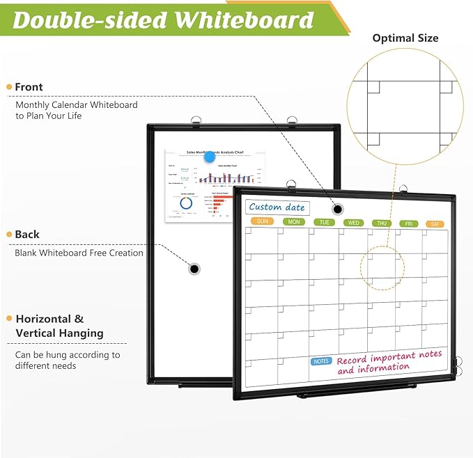 Dry Erase Calendar Whiteboard for Wall, 24" x 18" Magnetic Monthly White Board Calendar with Black Aluminum Frame, Double-Sided Hanging Dry Erase Board for Office, Home, School-DeskLoop Office