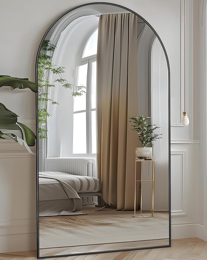 Full Length Mirror, 72"x44" Oversized Floor Mirror Freestanding, Full Body Mirror Floor Standing Mirrors with Stand, Hanging Mounted Mirrors for Bedroom Living Room, Black, Arched Style-DeskLoop Office