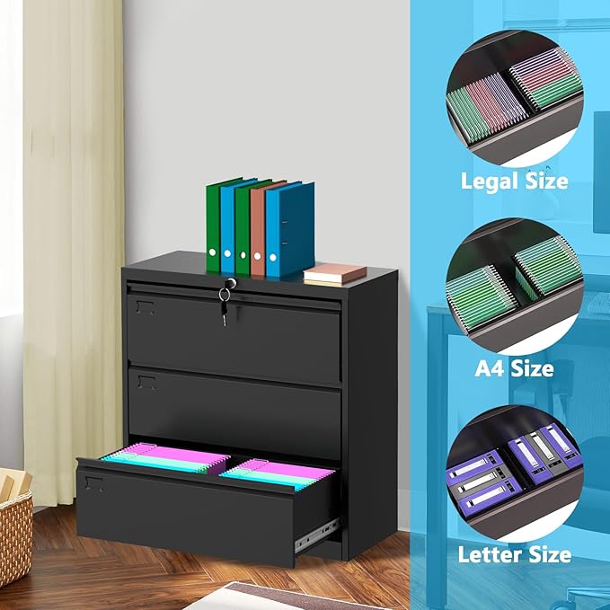40inch Steel 3 Drawer Lateral Filing Cabinet - Lockable Metal Filing Storage, Home Office Organization, Fits Hanging Letter/Legal/F4/A4, Durable 0.6MM Coated Steel (Black)-DeskLoop Office
