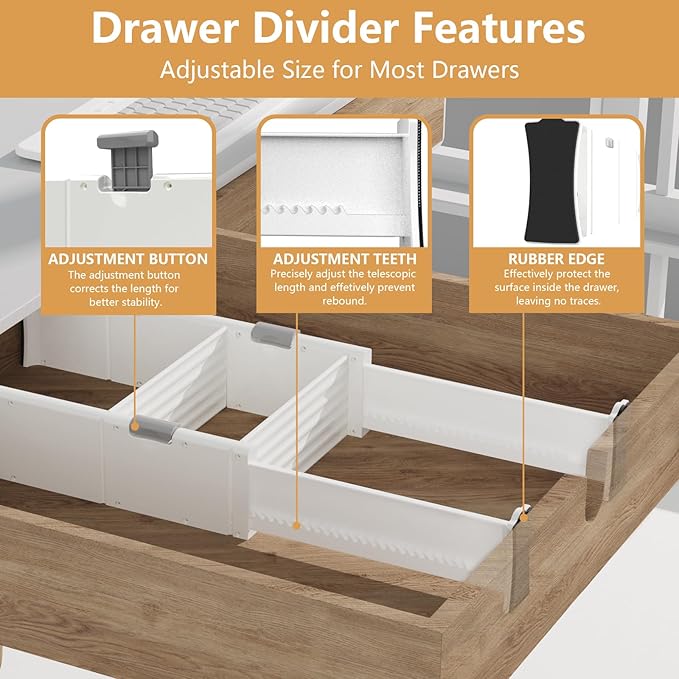 KABUM Upgrade Adjustable Drawer Divider Organizer Clothes Dresser Organizer,Expandable Organization for Home, Office,2.8" High Expandable from 11.7" to 18.5",4 Dividers with 6 Long and 2 Short Inserts-DeskLoop Office