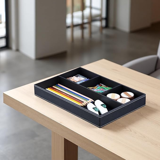 KINGFOM Pu Leather Desk Organizer Tray, 4 Compartment Office Storage Supplies Stationery Drawer Tray, Nightstand Bedside Tray for Key, Wallet, Sunglass, Watch, Coin, Phone Valet Tray Stackable Black-DeskLoop Office