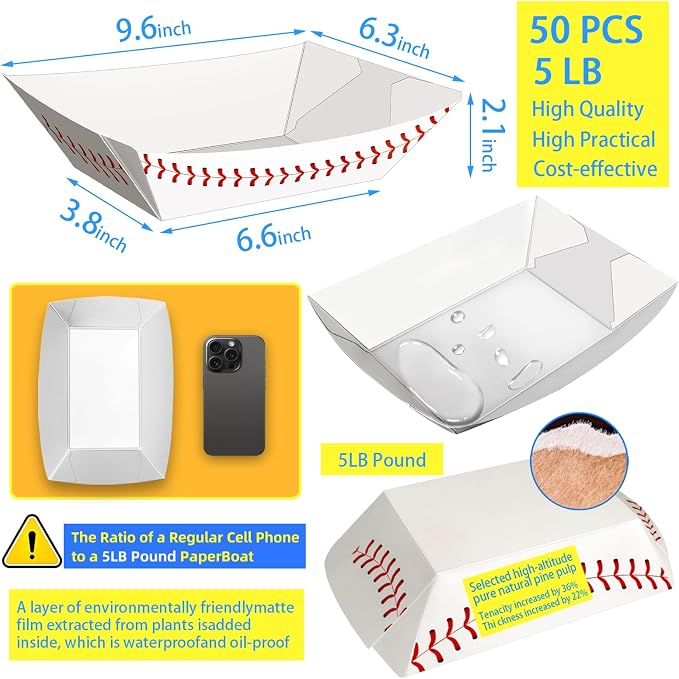 50 Pack 5Lb Extra Large Paper Food Boat Trays, Baseball Birthday Decorations - Image 2