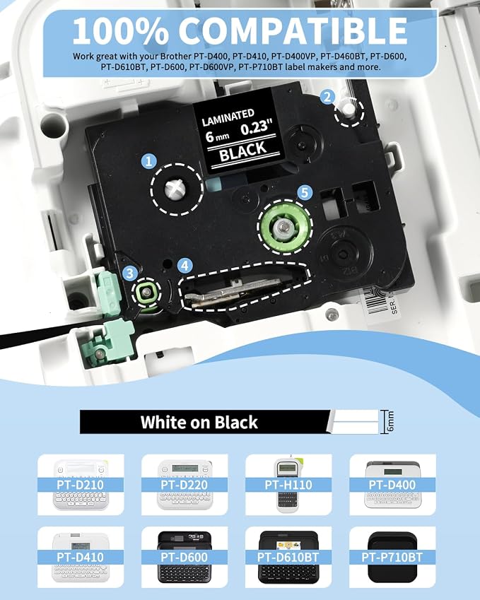 TZe TZ Tape 6mm 0.23" Laminated White on Black Replacement - Image 2