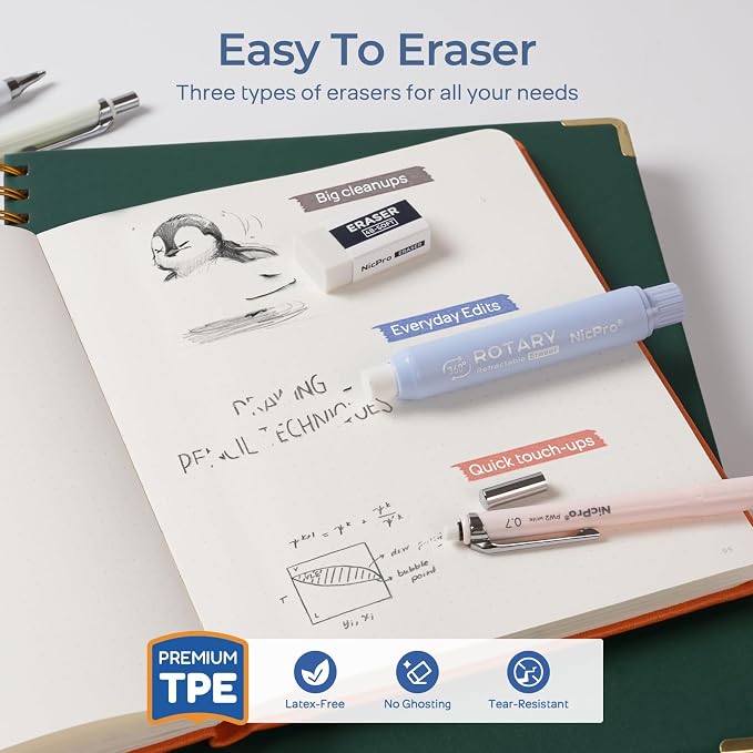 Nicpro Cute Mechanical Pencil Set, 4B Erasers, Rotary Retractable Eraser and - Image 4