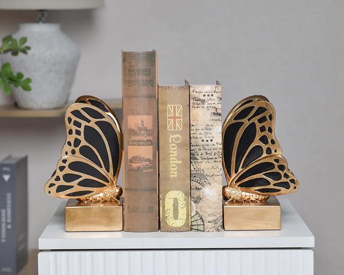 Vintage Brass Butterfly Bookends, Resin Book Ends - Image 2