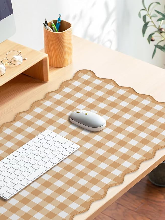 Scalloped‌ Orange Checkered Gingham Desk Mat Cute Pastel Large Mouse Pad Kawaii - Image 3