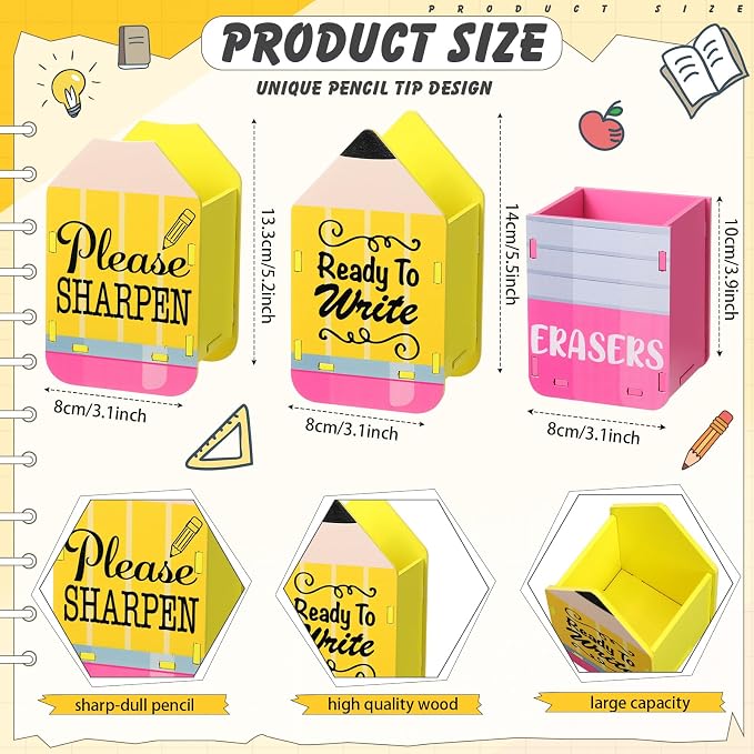 DoubleFill 3 Pcs Sharp and Dull Pencil Holder Eraser Buckets Wooden Shaped - Image 2